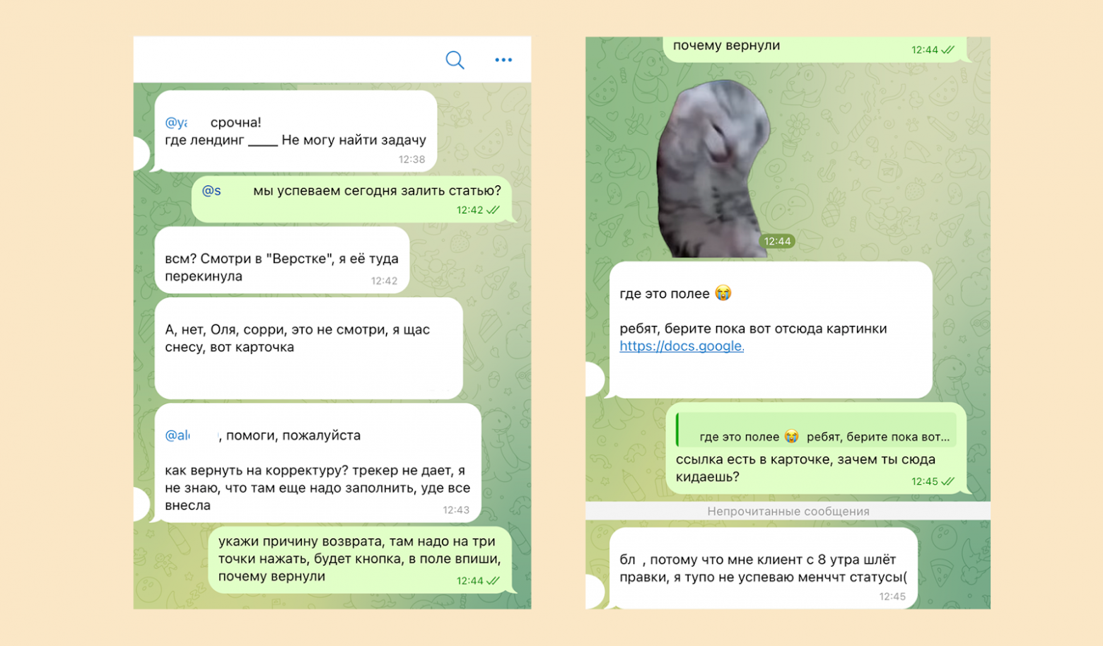 Такое происходило во всех чатах по проектам. Обсуждение и задачи уверенным шагом шли мимо системы.